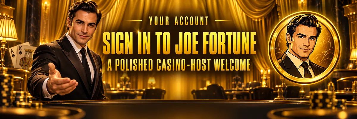 A polished portrait of Joe Fortune against softly draped casino panels, with a clear account-access focus.